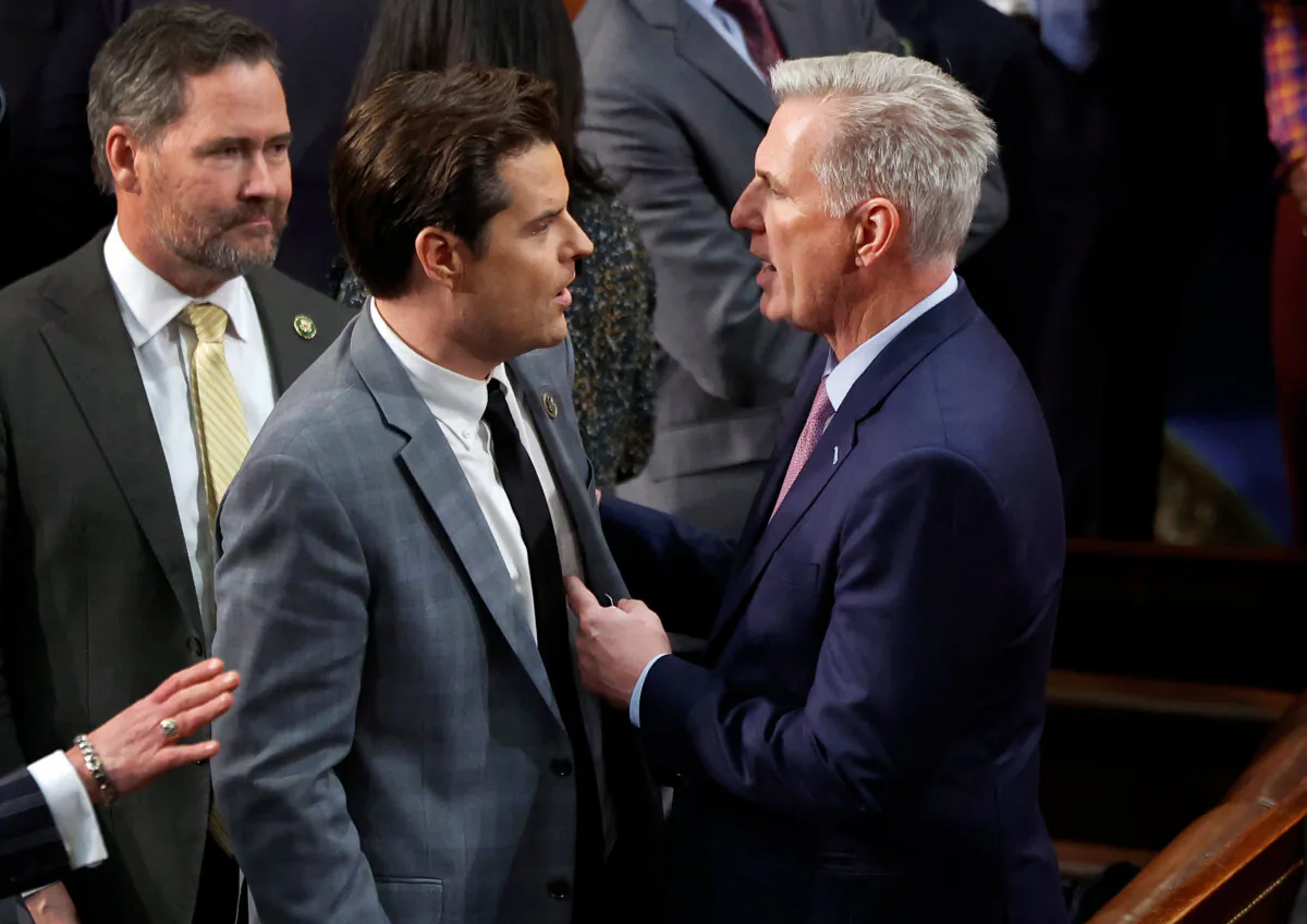 House Republican leader Kevin McCarthy (R-Calif.) (R) talks to Rep.-elect Matt Gaetz (R-Fla.) in the House Chamber during the fourth day of voting for speaker of the House, at the U.S. Capitol in Washington on Jan. 6, 2023. (Chip Somodevilla/Getty Images)