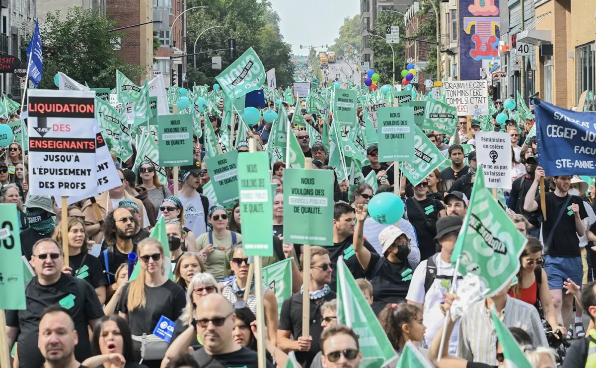 People take part in a public sector union demonstration in Montreal on Sept. 23, 2023. (The Canadian Press/Graham Hughes)