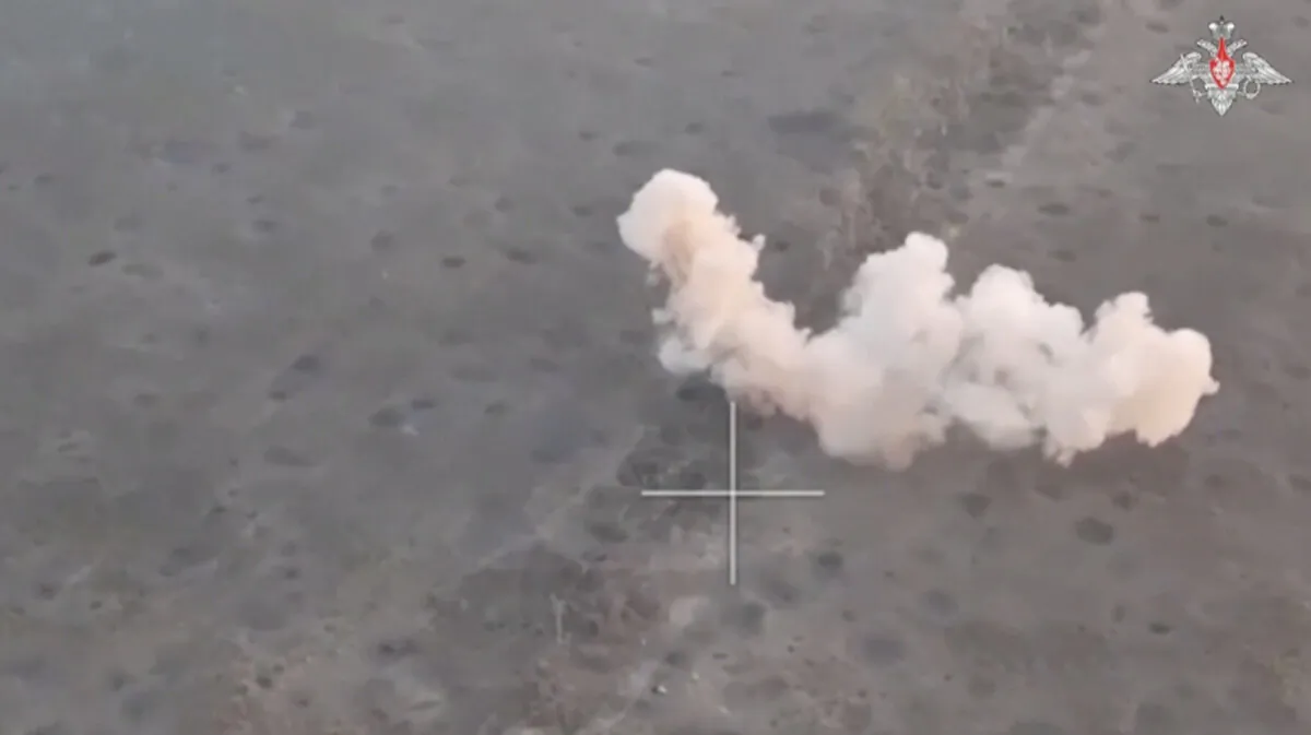 Targets on the ground are hit in an unknown location in a still from video released on Oct. 28, 2023. (Russian Defense Ministry via Reuters/Screenshot via The Epoch Times)