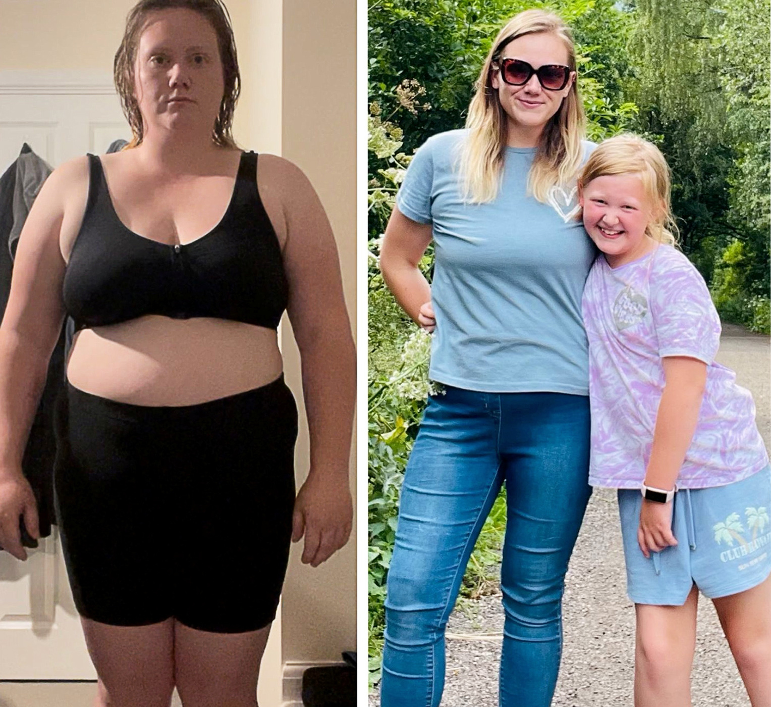 (Left) Ms. Doulton before she began her weight loss journey and (Right) Ms. Doulton with her daughter after she shed those extra pounds. 