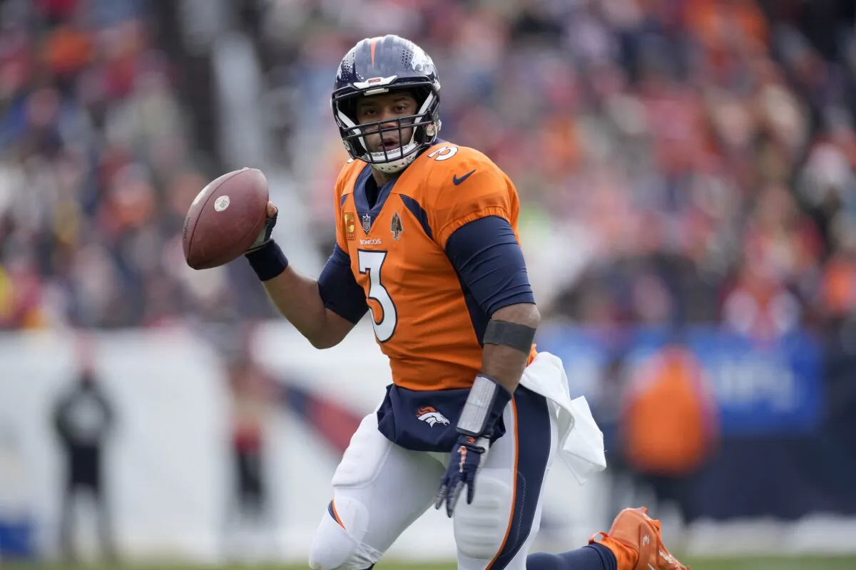 Denver Broncos quarterback Russell Wilson drops back to pass during the first half of an NFL football game against the Kansas City Chiefs in Denver on Oct. 29, 2023. (David Zalubowski/AP Photo)