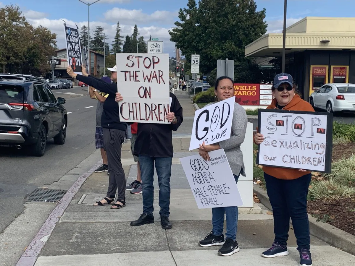Bay Area residents participate in the Worldwide Stop the War on Children Rally in Castro Valley, Calif., on Oct. 21, 2023, to bring awareness to the growing need to protect and preserve the innocence of children. (Helen Billings/The Epoch Times)