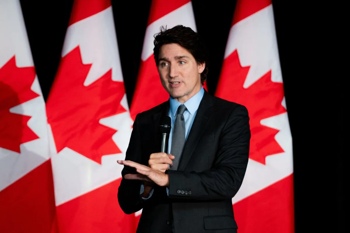 Prime Minister Justin Trudeau delivers remarks at a Liberal Party of Canada fundraiser in Gatineau, Que., on Oct. 24, 2023. (Spencer Colby/The Canadian Press)