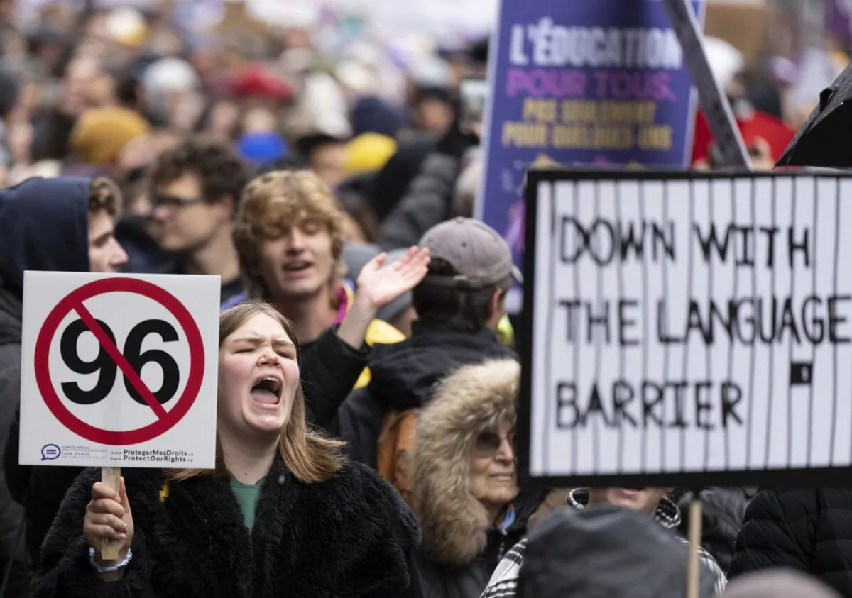 Students protest against the Quebec government’s planned tuition hikes for out-of-province students, on Oct. 30, 2023. (The Canadian Press/Christinne Muschi)