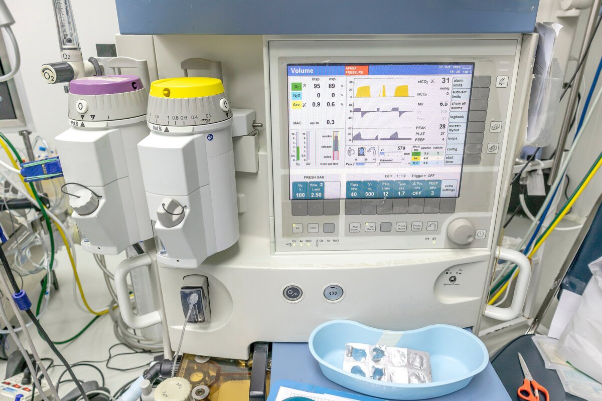 An anesthesia machine in a hospital operating room.