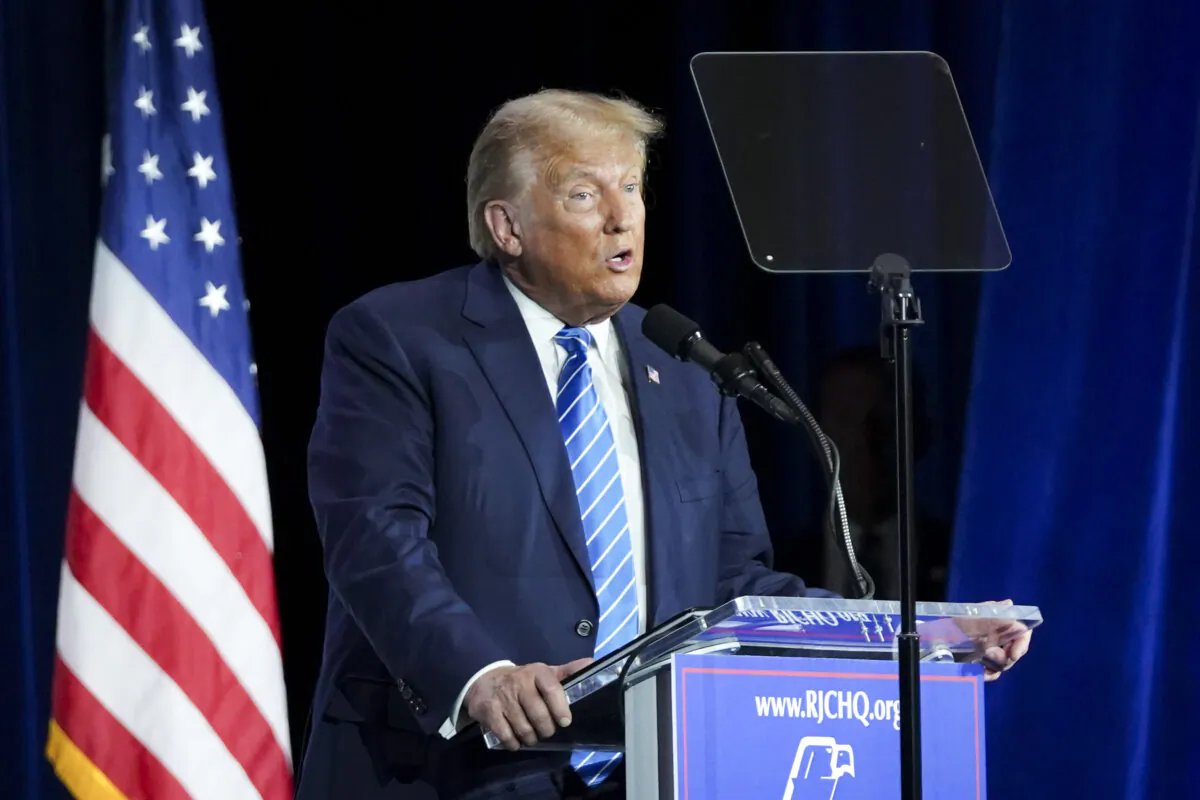 Republican presidential candidate and former President Donald J. Trump speaks at the Republican Jewish Coalition in Las Vegas, Nev., on Oct. 28, 2023. (Madalina Vasiliu/The Epoch Times)