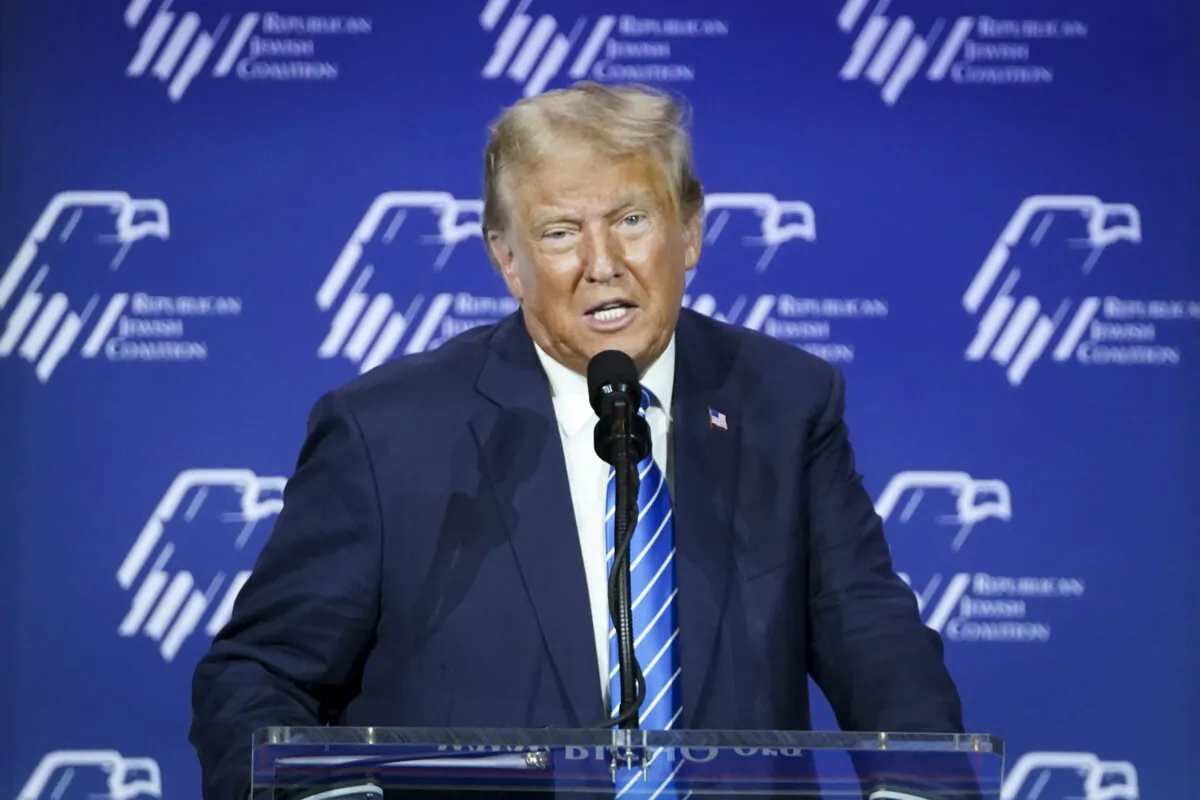 Republican presidential candidate and former President Donald J. Trump speaks at the Republican Jewish Coalition in Las Vegas on Oct. 28, 2023. (Madalina Vasiliu/The Epoch Times)