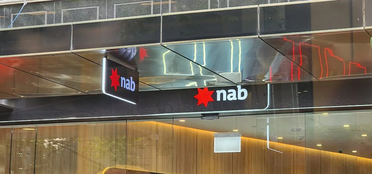 A NAB bank branch signage is seen in Melbourne, Australia, on Oct. 30, 2023. (Susan Mortimer/The Epoch Times)