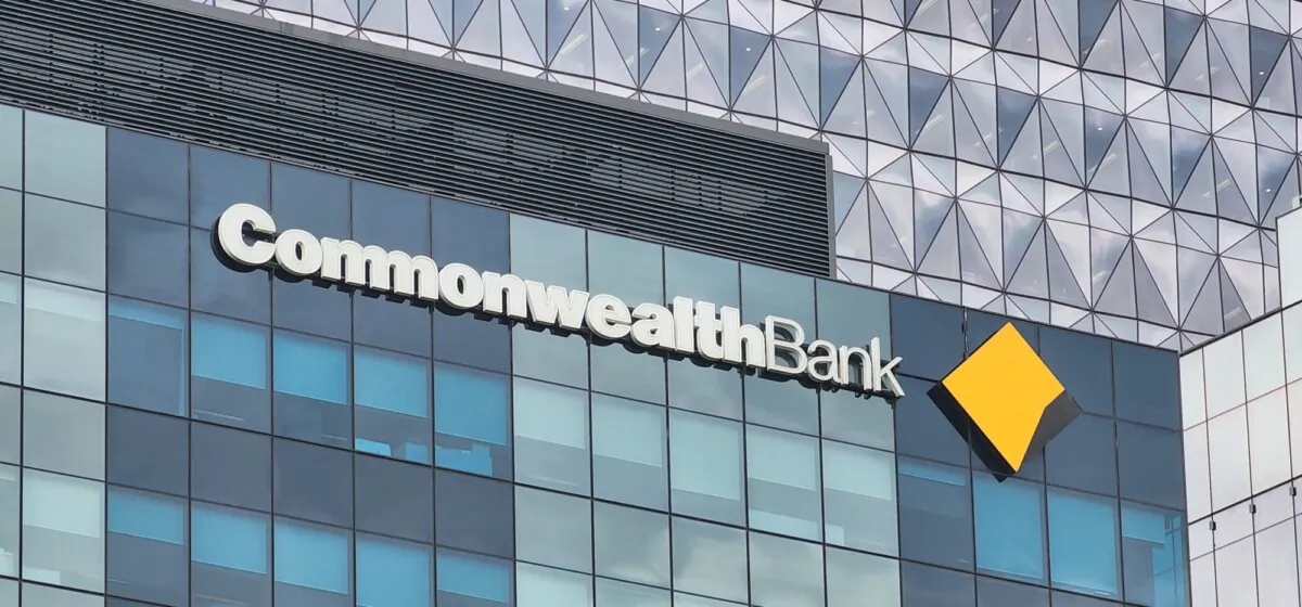 A Commonwealth Bank sign is seen on a building in Melbourne, Australia, on Oct. 30, 2023. (Susan Mortimer/The Epoch Times)