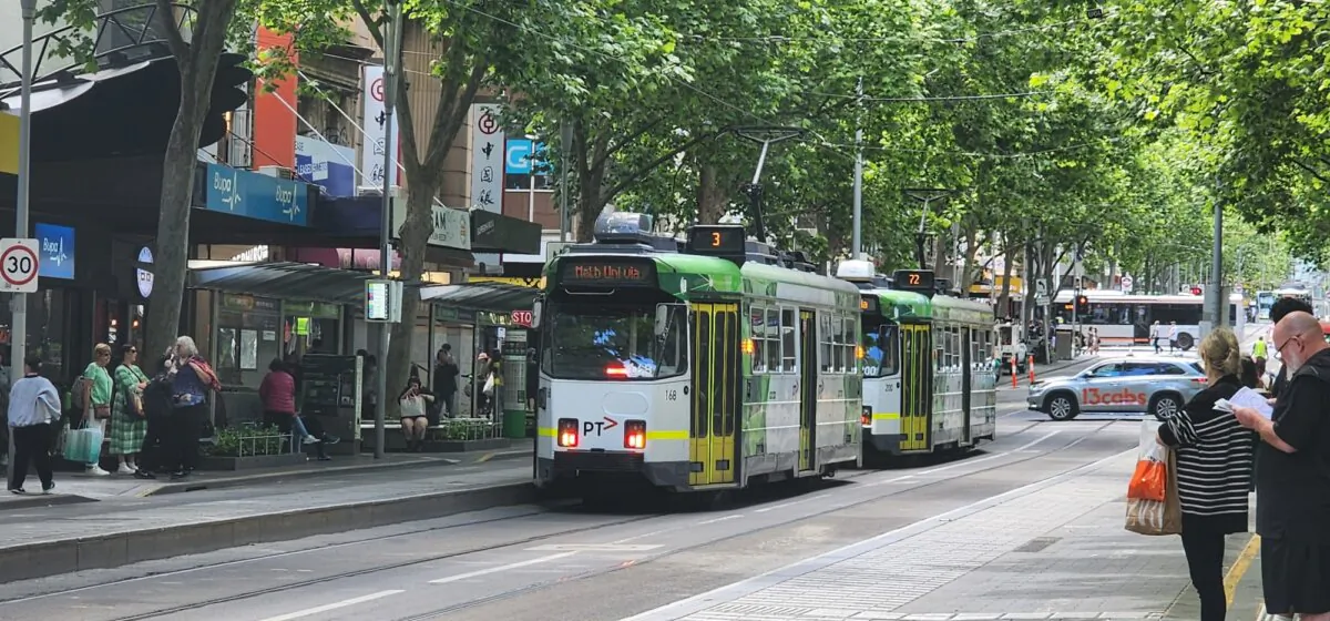 A tram can be seen in central Melbourne, Australia, on Oct. 30, 2023. (Susan Mortimer/The Epoch Times)