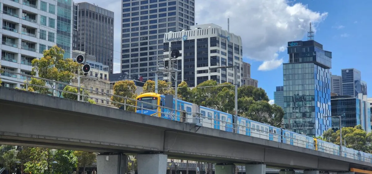 A Metro train can be seen in Melbourne, Australia, on Oct. 30, 2023. (Susan Mortimer/The Epoch Times)
