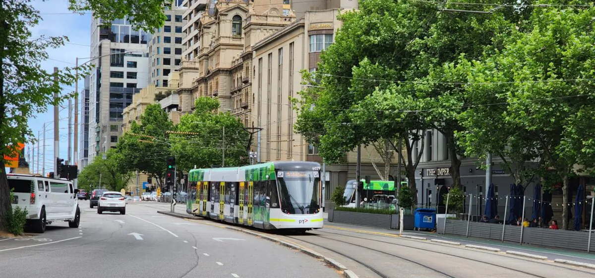 A tram is seen in Melbourne, Australia, on Oct. 28, 2023. (Susan Mortimer/The Epoch Times)