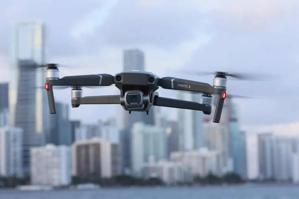 A Mavic 2 Pro drone made by the Chinese company DJI hovers in place in Miami, Fla., on Dec. 15, 2021. (Joe Raedle/Getty Images)