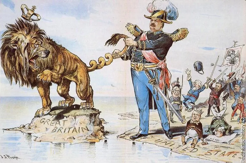 President Cleveland twisting the tail of the British Lion; cartoon in Puck by J.S. Pughe, 1895. (Public Domain)