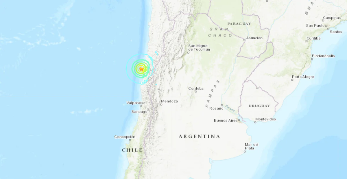 A map showing the location of a magnitude 6.6 earthquake near the coast of Atacama, Chile, on Oct. 31, 2023. (USGS/Screenshot via NTD)