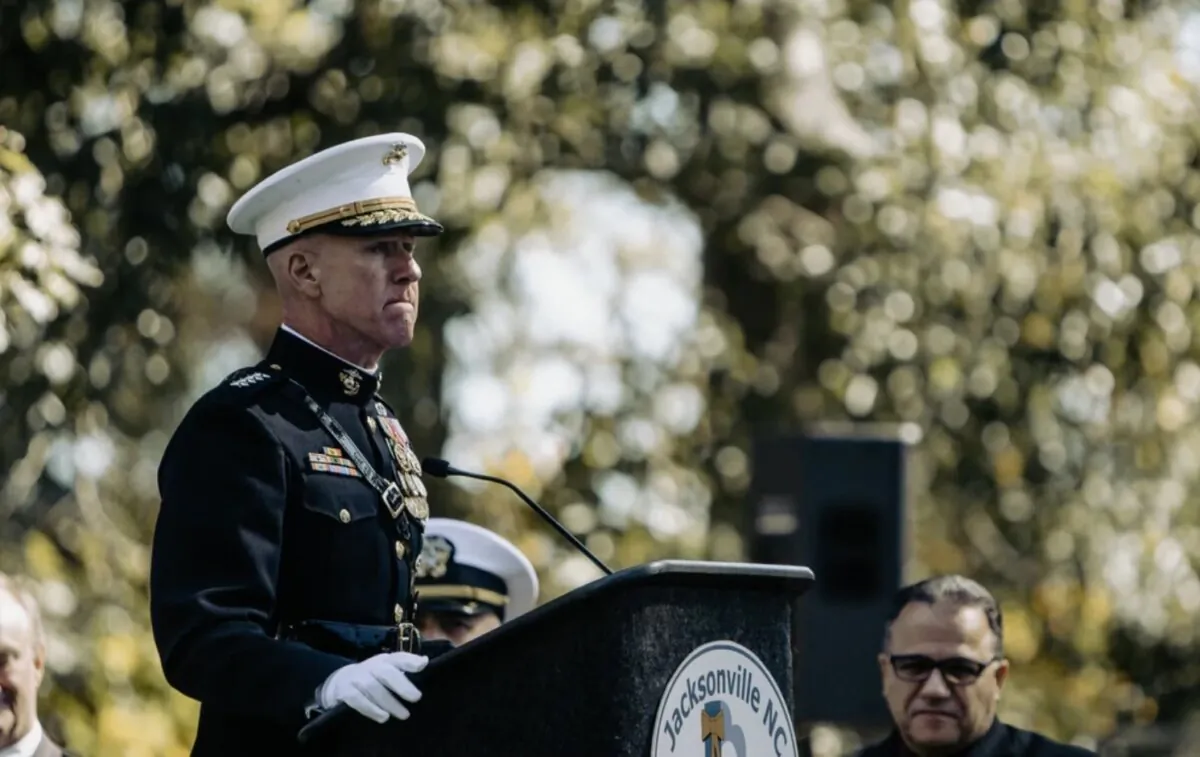 Commandant of the Marine Corps Gen. Eric M. Smith, addresses attendees at the 40th Beirut Memorial Observance Ceremony at Lejeune Memorial Gardens in Jacksonville, N.C., on Oct. 23, 2023. (Lance Cpl. Zachary Zephir/U.S. Marine Corps)