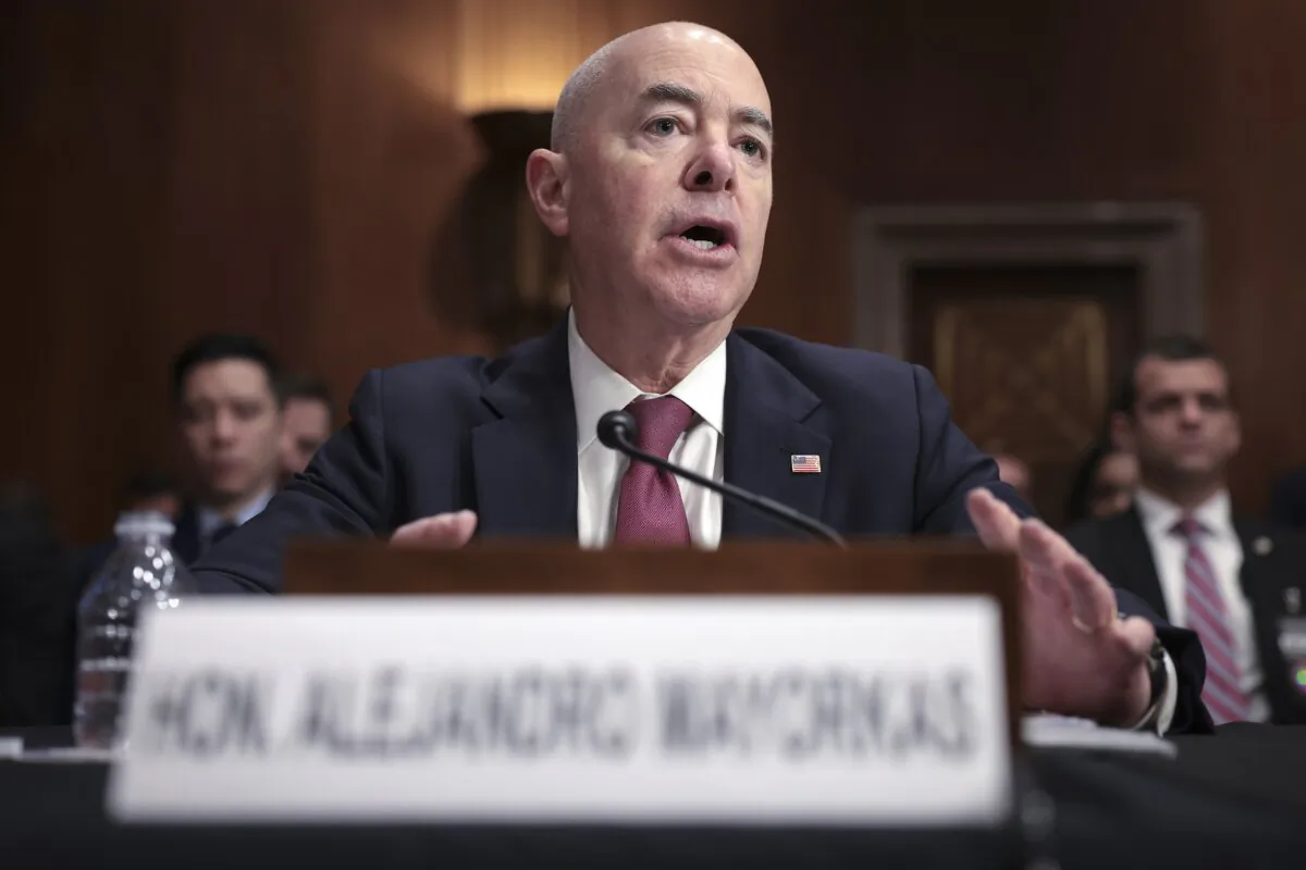 Homeland Security Secretary Alejandro Mayorkas testifies before the Senate Homeland Security and Governmental Affairs Committee in Washington on Oct 31, 2023. (Win McNamee/Getty Images)
