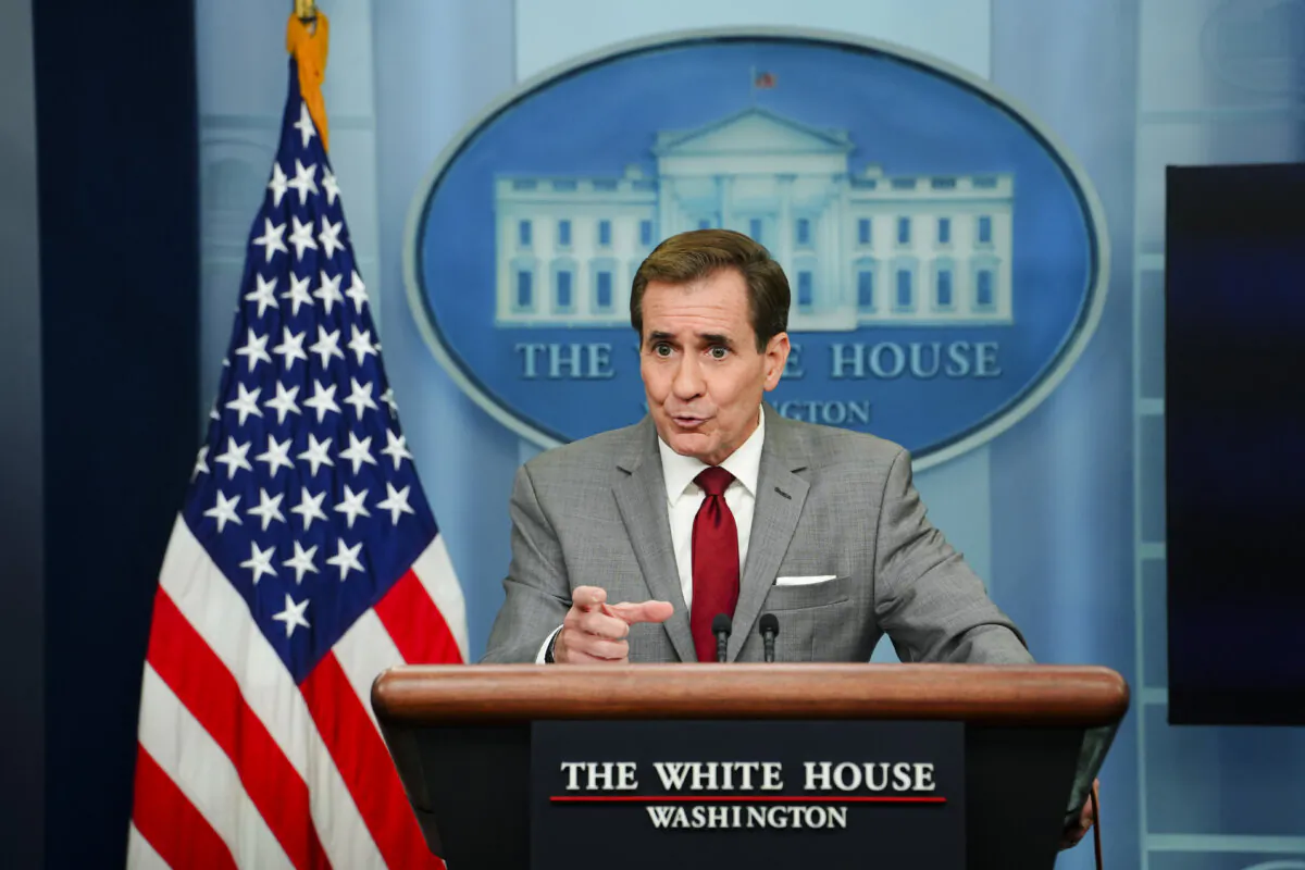 National Security Council Coordinator for Strategic Communications John Kirby speaks during the press briefing at the White House in Washington on Oct. 31, 2023. (Madalina Vasiliu/The Epoch Times)
