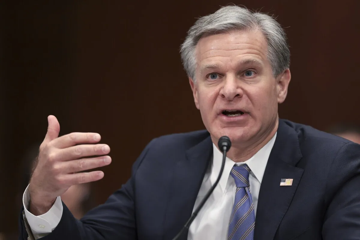 FBI Director Christopher Wray testifies before the Senate Homeland Security and Governmental Affairs Committee in Washington on Oct. 31, 2023. (Win McNamee/Getty Images)