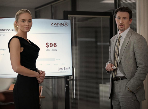 man and woman in boardroom in PAIN HUSTLERS 