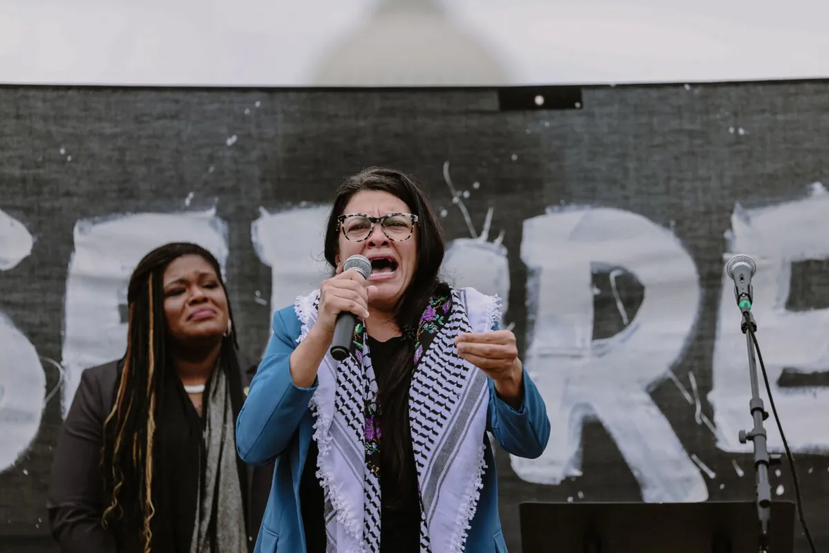 Rep. Rashida Tlaib (D-Mich.) (R) with Rep. Cori Bush (D-Mo.) during a rally at the U.S. Capitol in Washington on Oct. 20, 2023. (Ali Khaligh/Middle East Images/AFP via Getty Images)