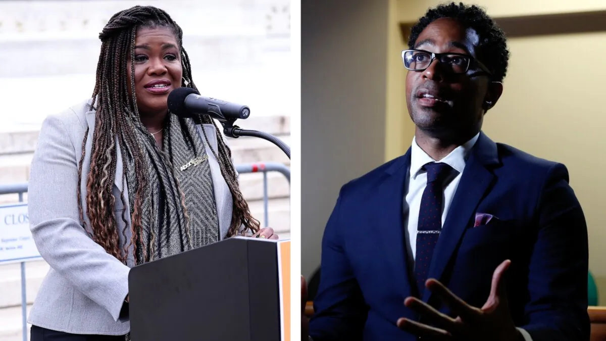 Rep. Cori Bush (D-Mo.) speaks at the U.S. Supreme Court in Washington on June 22, 2023. (Paul Morigi/Getty Images for Just Majority); St. Louis County Prosecutor Wesley Bell speaks during an interview in Clayton, Miss., on July 29, 2019. (Jeff Roberson/AP Photo)