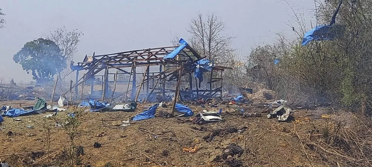 This photo shows aftermath of an airstrike in Pazigyi village in Sagaing Region's Kanbalu Township, Myanmar, on April 11, 2023. (The Canadian Press/AP-HO, Kyunhla Activists Group)
