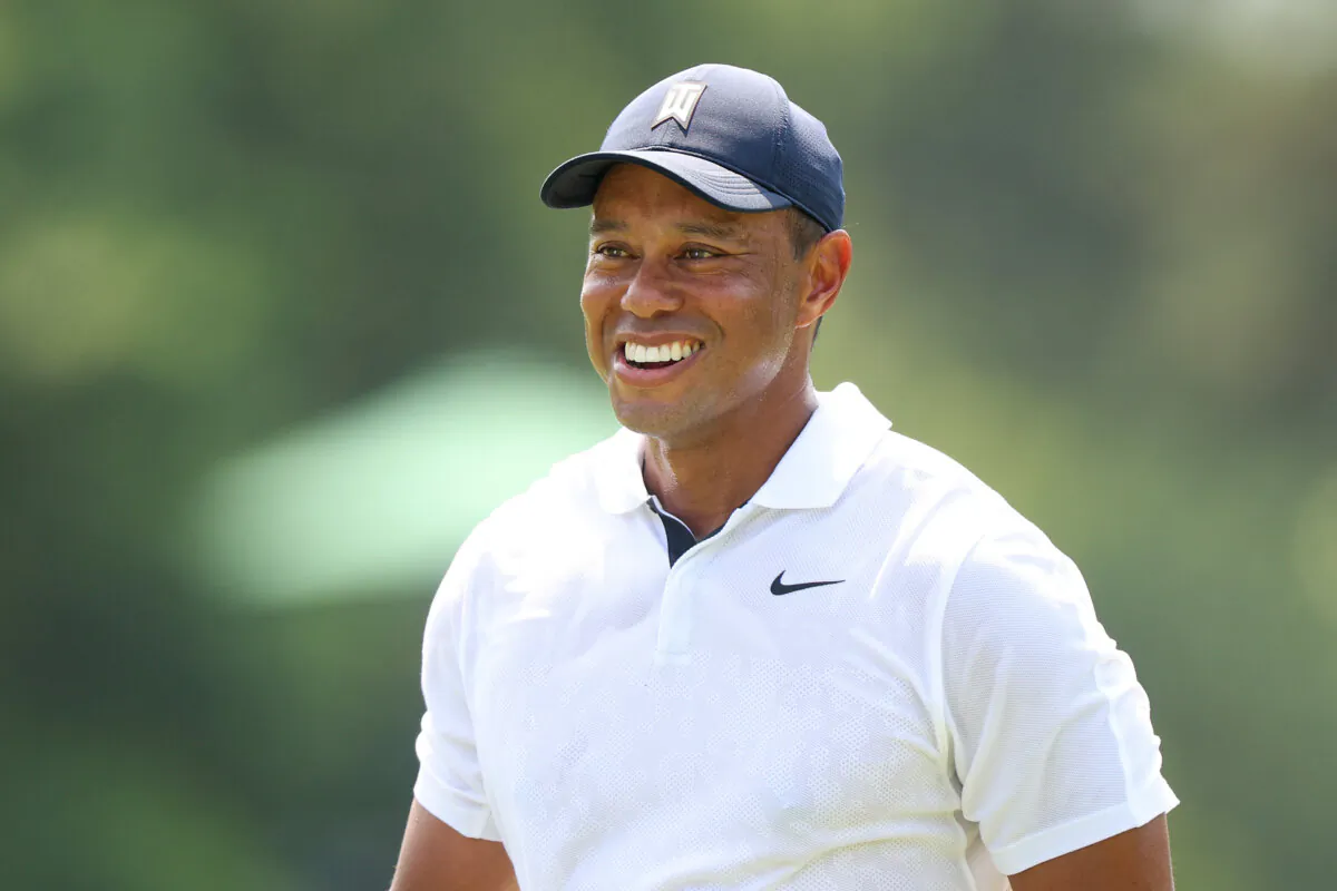 Tiger Woods of the United States reacts on the eighth green during the first round of the 2023 Masters Tournament at Augusta National Golf Club in Augusta, Ga., on April 6, 2023. (Andrew Redington/Getty Images)