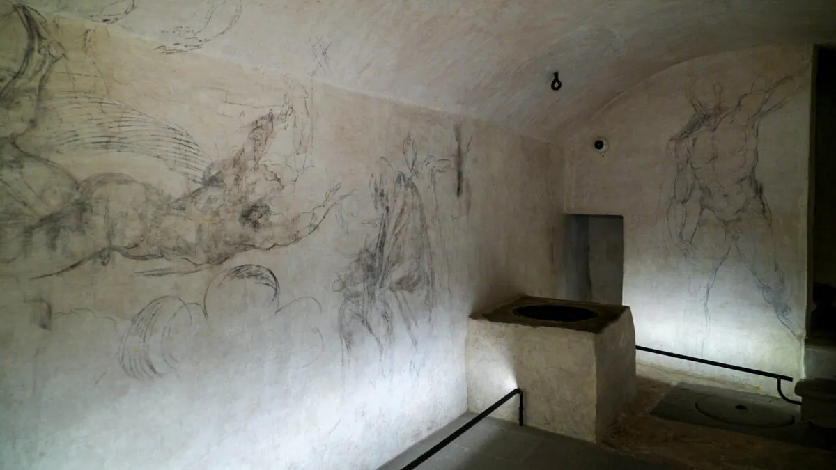 Delicate charcoal drawings that some experts have attributed to Michelangelo on the walls of a room used to store coal until 1955 inside Florence's Medici Chapel, in central Italy, on Oct. 31, 2023. (Luigi Navarra/AP Photo)