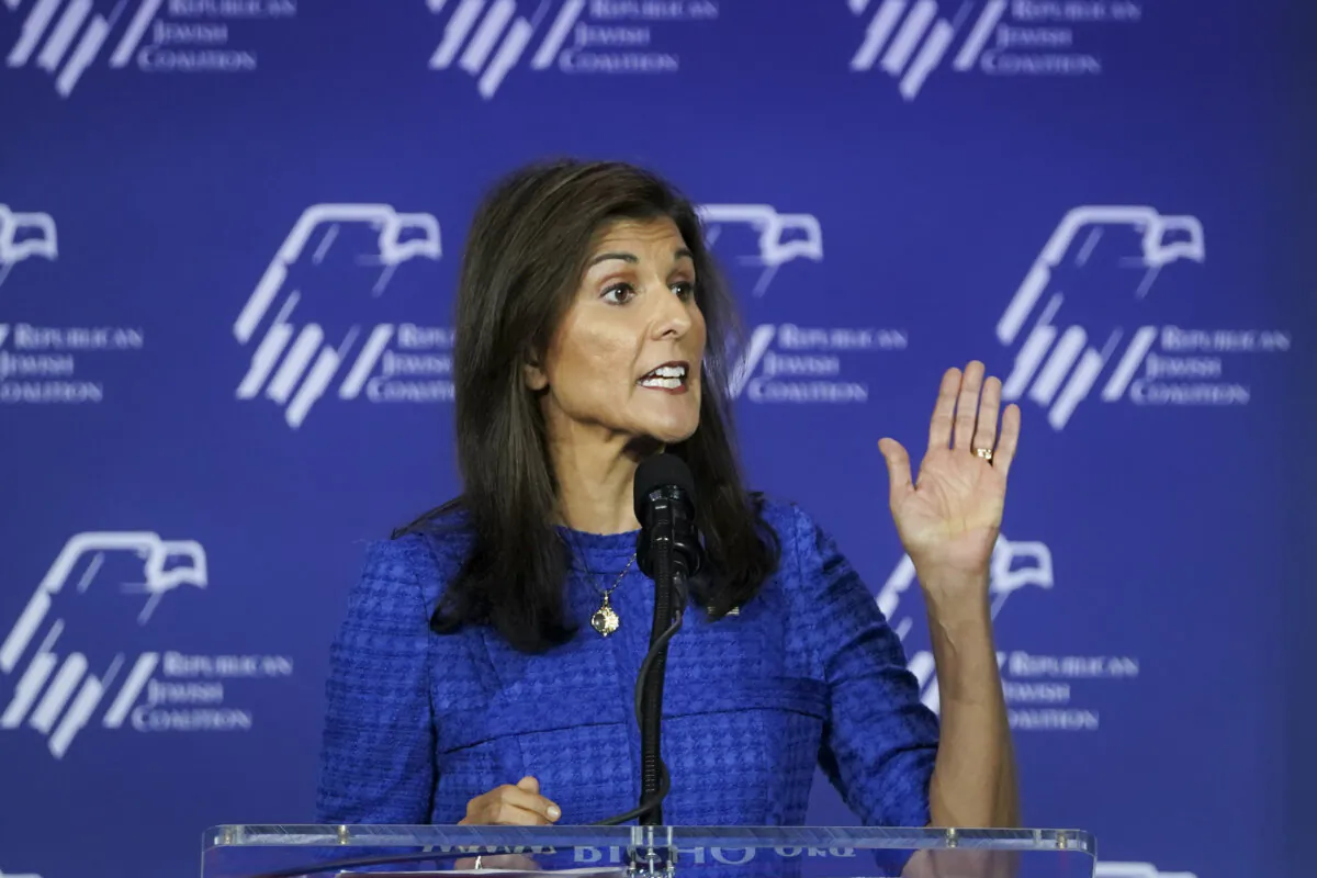 Republican presidential candidate and former South Carolina Gov. Nikki Haley speaks at the Republican Jewish Coalition in Las Vegas, Nev., on Oct. 28, 2023. (Madalina Vasiliu/The Epoch Times)