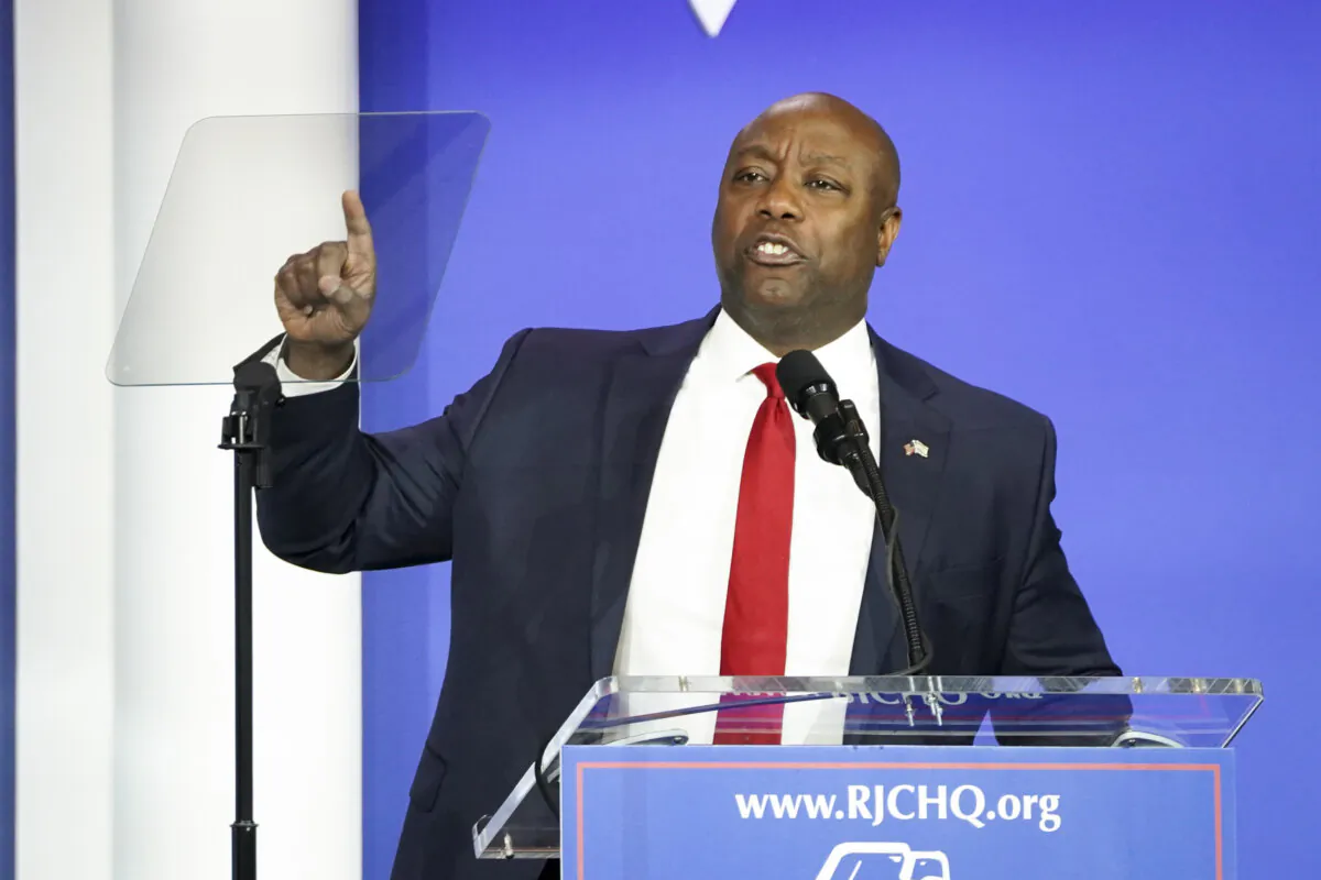 Republican presidential candidate Sen. Tim Scott (R-S.C.) speaks at the Republican Jewish Coalition in Las Vegas, on Oct. 28, 2023. (Madalina Vasiliu/The Epoch Times)