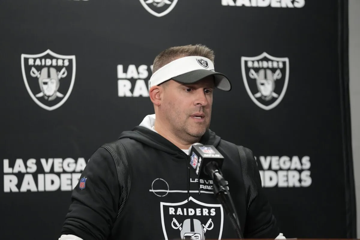 Las Vegas Raiders head coach Josh McDaniels addresses the media after the NFL football game against the Detroit Lions in Detroit on Oct. 30, 2023. (Paul Sancya/AP Photo)