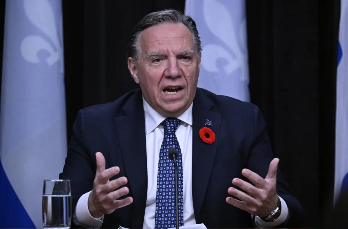 Quebec Premier François Legault speaks at a news conference on immigration and French language, at the legislature in Quebec City on Nov. 1, 2023. (The Canadian Press/Jacques Boissinot)