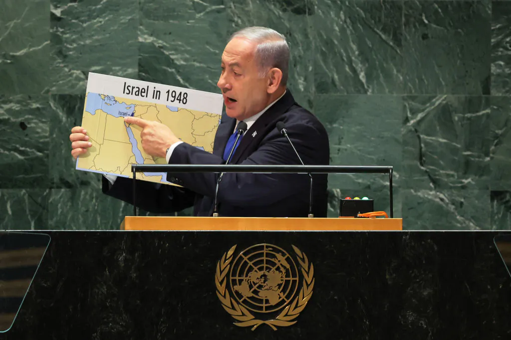 Prime Minister of the State of Israel Benjamin Netanyahu holds up a map as he speaks during the United Nations General Assembly (UNGA) at the United Nations headquarters on Sept. 22, 2023 in New York City. (Michael M. Santiago/Getty Images)