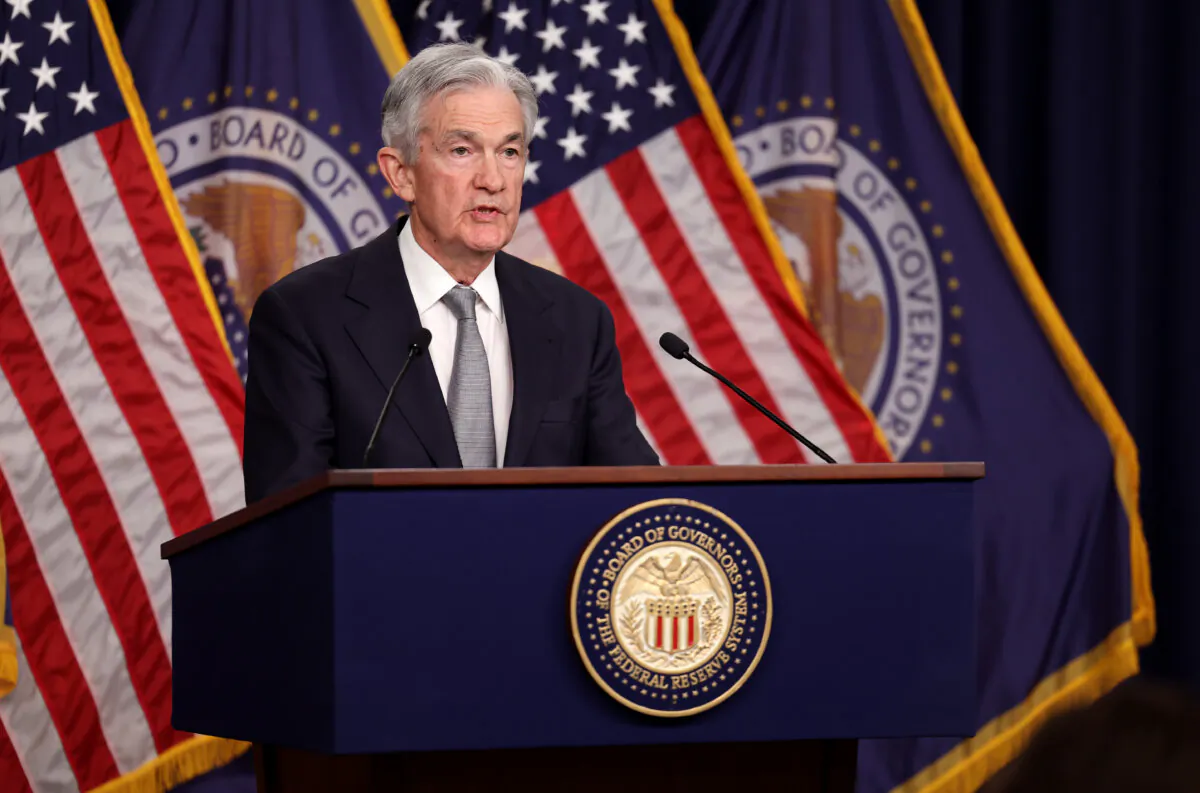Federal Reserve Board Chairman Jerome Powell speaks during a news conference after a Federal Open Market Committee meeting at the Federal Reserve in Washington on Nov. 1, 2023. (Kevin Dietsch/Getty Images)