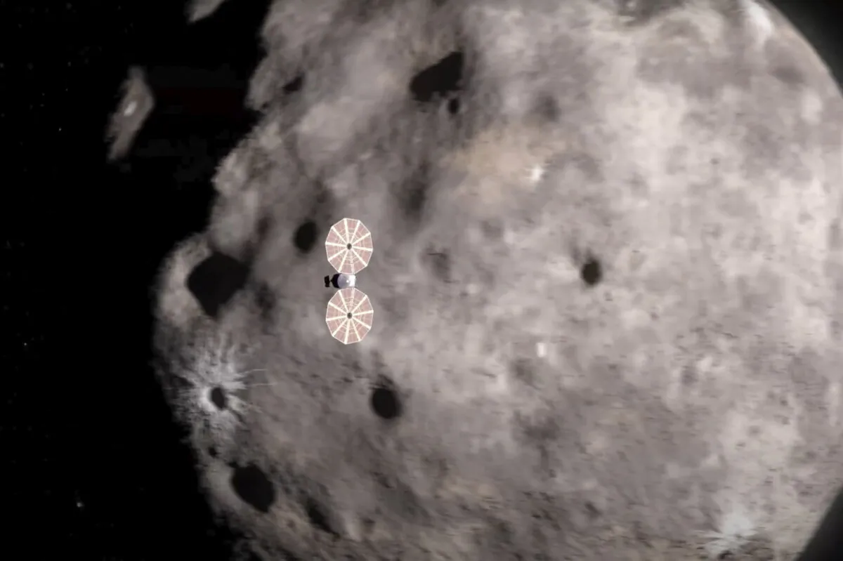 The Lucy spacecraft approaching an asteroid. (NASA via AP)