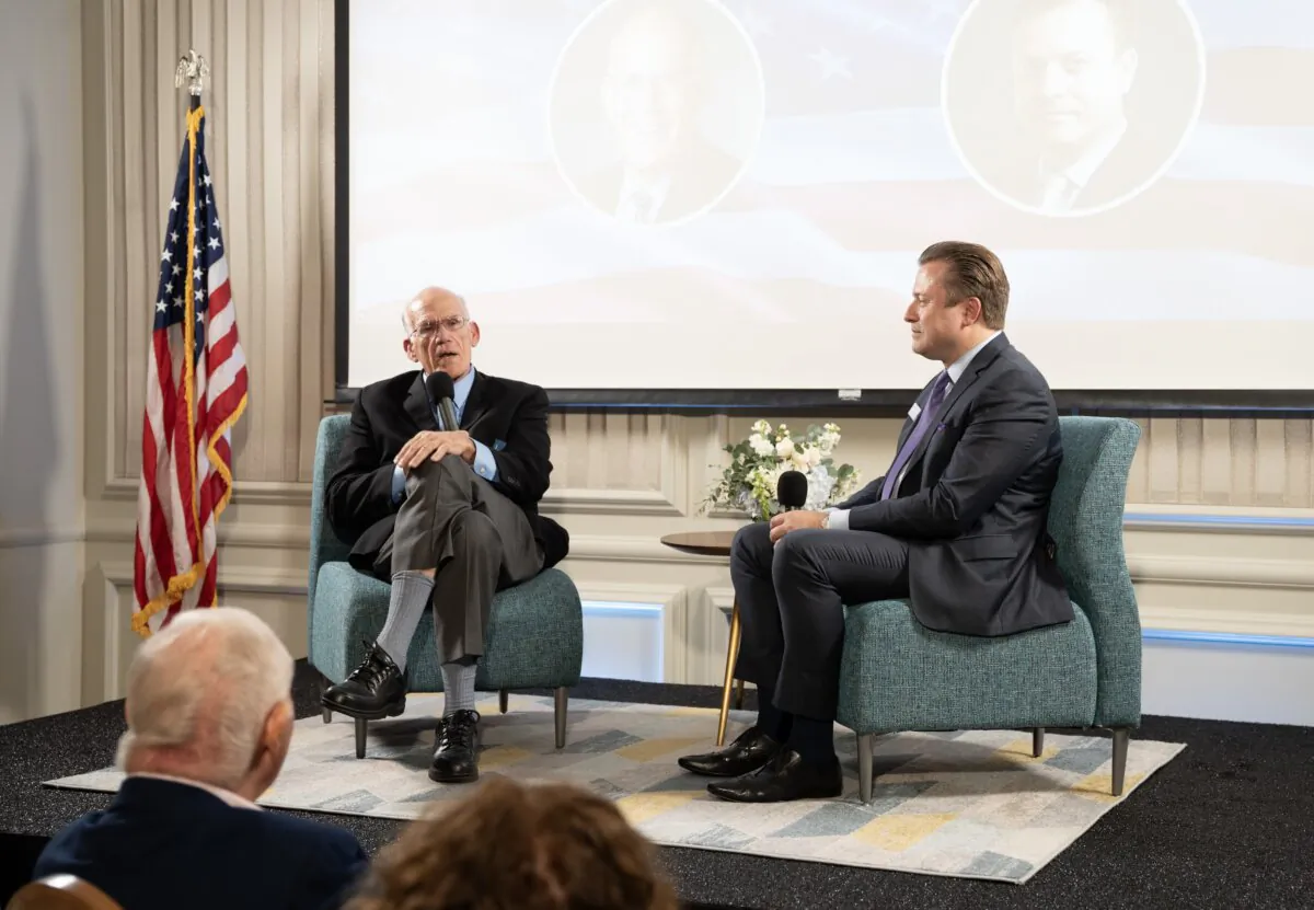 Political commentator Victor Davis Hanson speaks with host of “American Thought Leaders” Jan Jekielek at The Epoch Times 2023 Annual Gala, held in Newport Beach, Calif., on Oct. 28, 2023. (Oksana Khan/The Epoch Times)