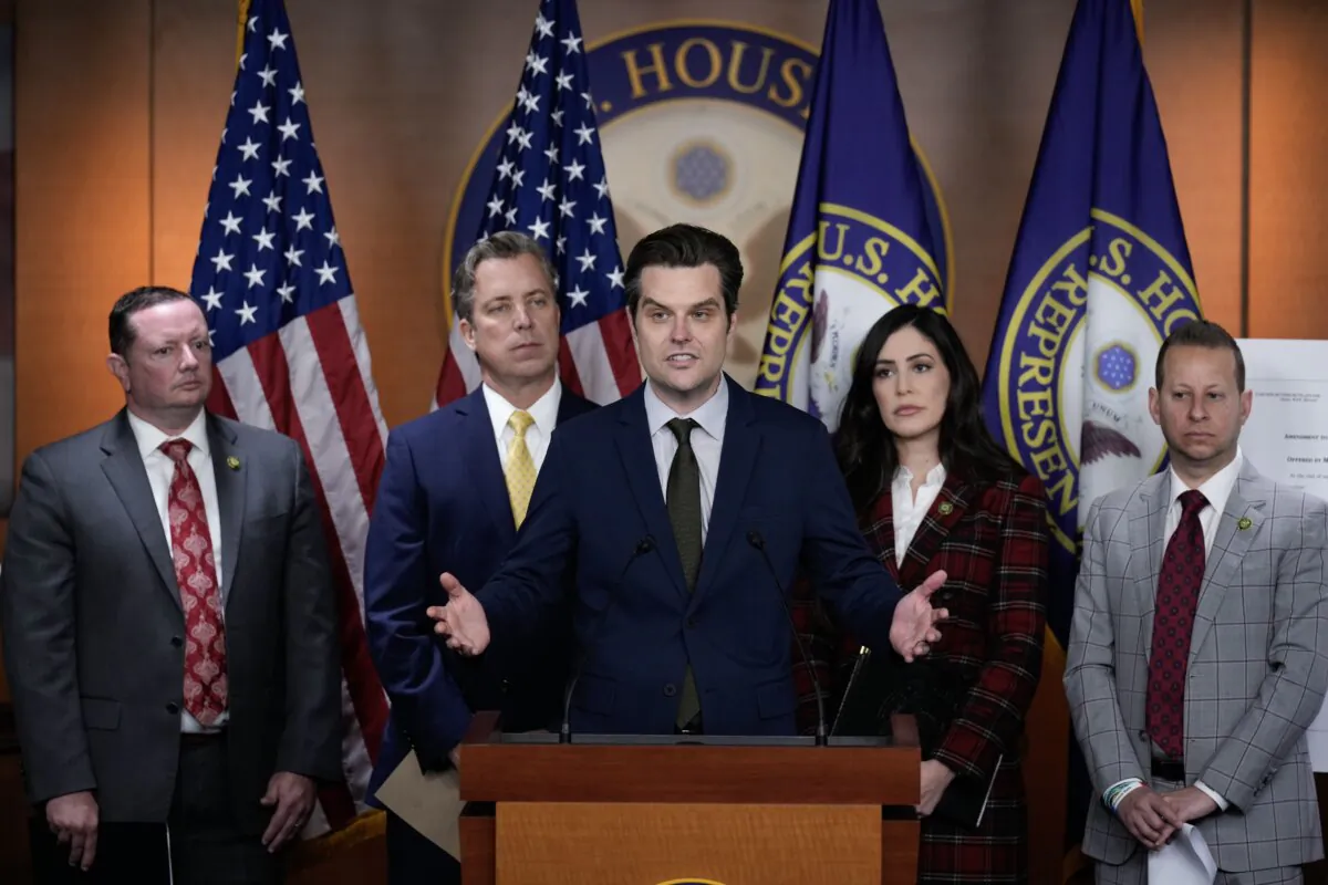 Rep. Matt Gaetz (R-Fla.) (C) speaks during a news conference about unidentified aerial phenomena (UAP) transparency on Capitol Hill in Washington on Nov. 30, 2023. (L–R) Rep. Eric Burlison (R-Mo.), Rep. Andy Ogles (R-Tenn.), Rep. Anna Paulina Luna (R-Fla.), and Rep. Jared Moskowitz (D-Fla.). (Drew Angerer/Getty Images)