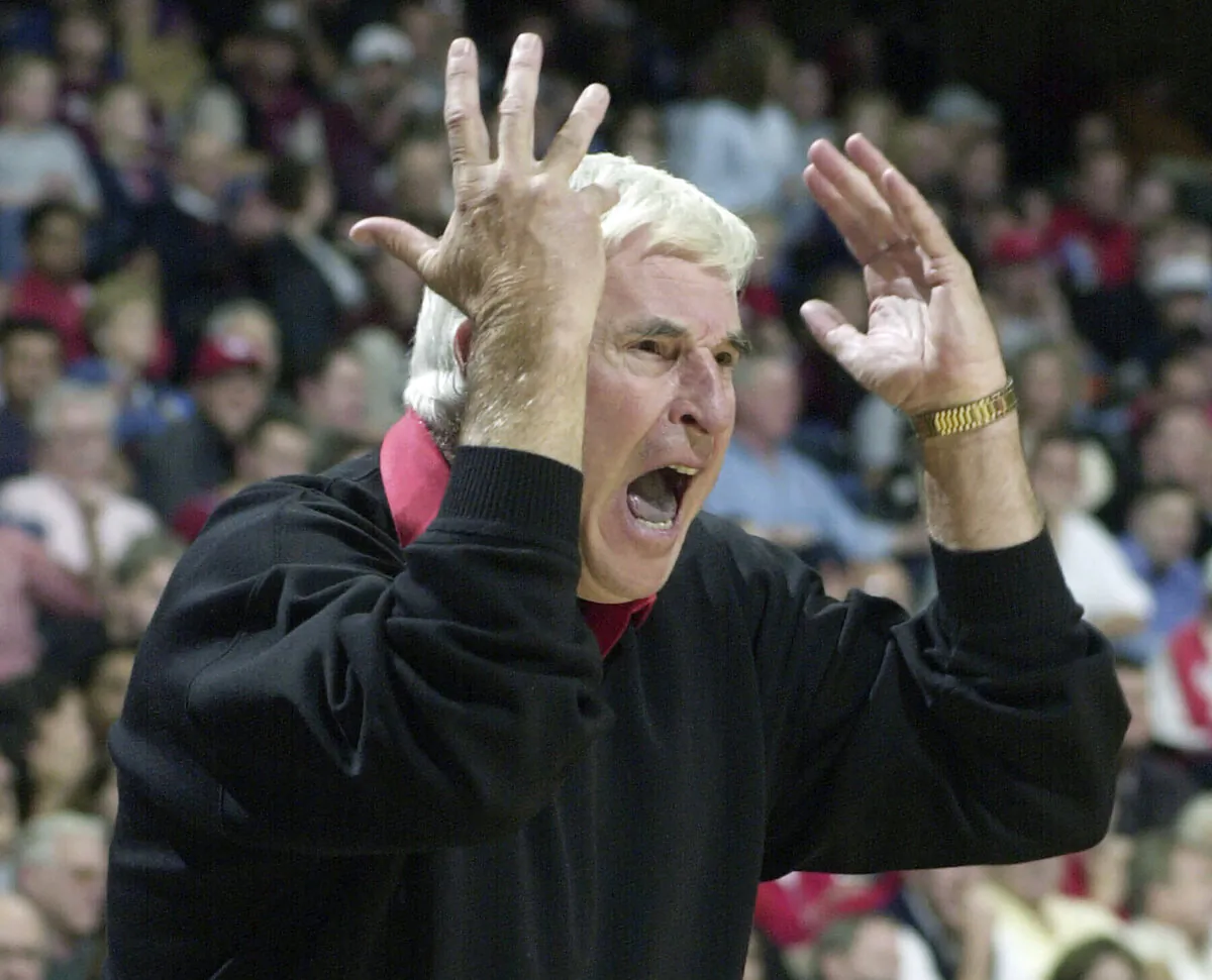 Texas Tech coach Bob Knight yells from the sideline during the first half of the team's NCAA college basketball game against Houston in Houston on Dec. 14, 2001. (Pat Sullivan/AP Photo)