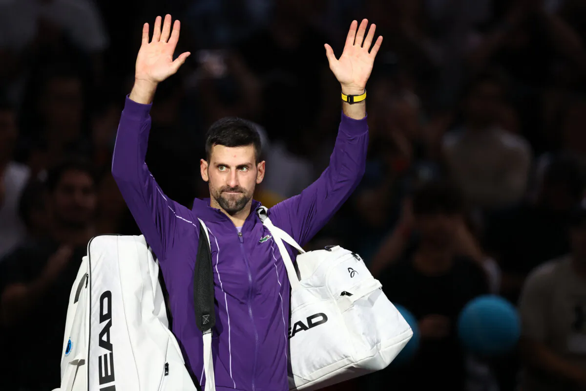 Serbia's Novak Djokovic waves to the crowd after winning his round of 32 match against Argentina's Tomas Martin Etcheverry during the match of ATP Masters 1000 in AccorHotels Arena, Paris on Nov. 1, 2023. (Stephanie Lecocq/Reuters)
