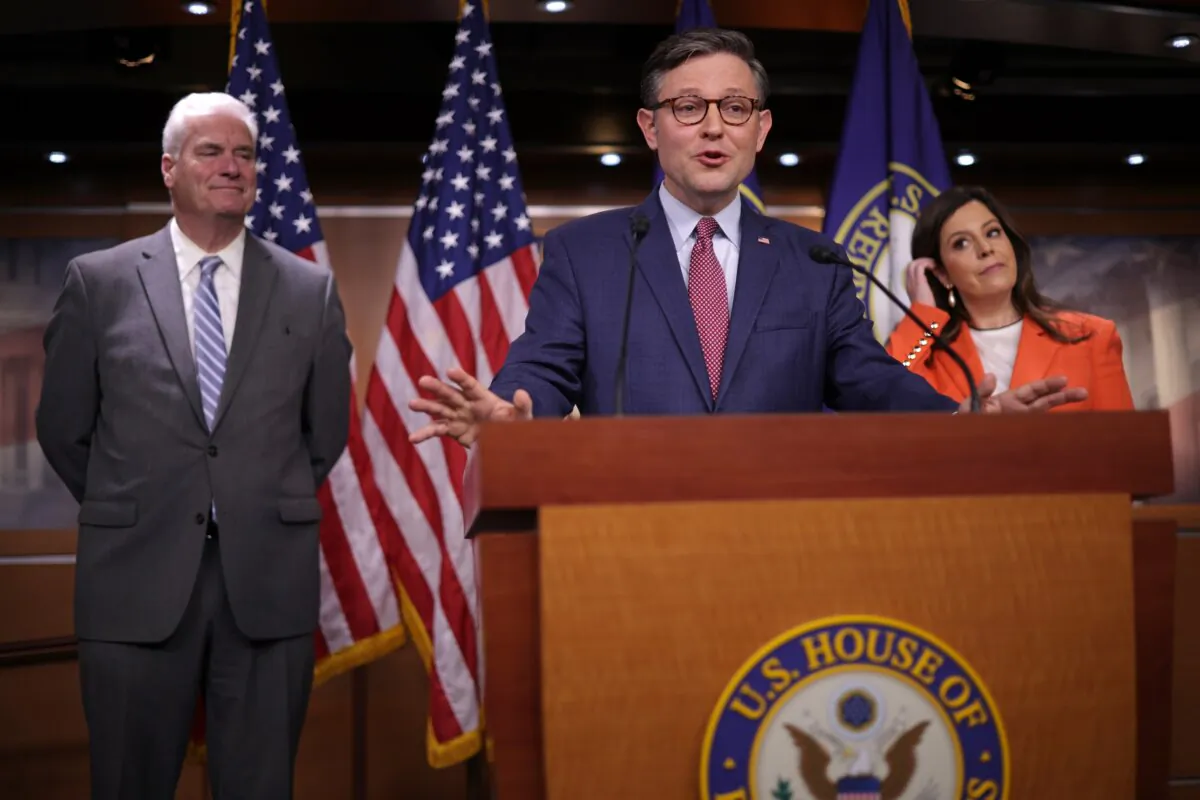 Speaker of the House Rep. Mike Johnson (R-La.) (C) speaks as House Majority Whip Rep. Tom Emmer (R-Minn.) (L) and House Republican Conference Chair Rep. Elise Stefanik (R-N.Y.) (R) listen during a news briefing at the U.S. Capitol in Washington on Nov. 2, 2023. (Alex Wong/Getty Images)
