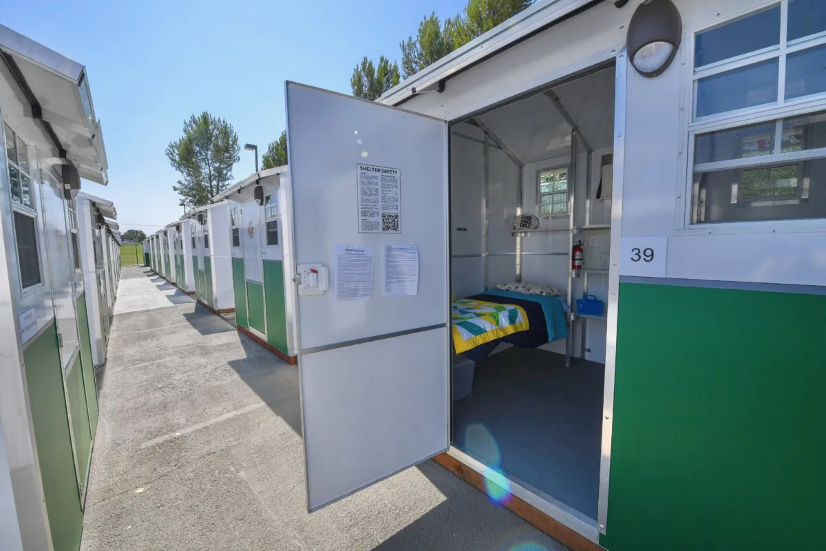 A view of housing units at the Tarzana Tiny Home Village which offers temporary housing for homeless people, is seen  in the Tarzana neighborhood of Los Angeles on July 9, 2021.  (Robyn Beck/AFP via Getty Images)