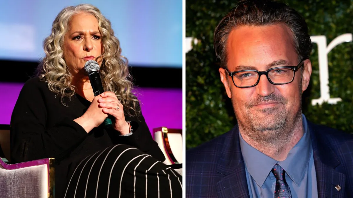 Marta Kauffman speaks at a Netflix event in Beverly Hills, Calif., on May 12, 2018. (Phillip Faraone/Getty Images); Matthew Perry attends the London Evening Standard British Film Awards in London, England, on Feb. 7, 2016. (Chris Jackson/Getty Images)
