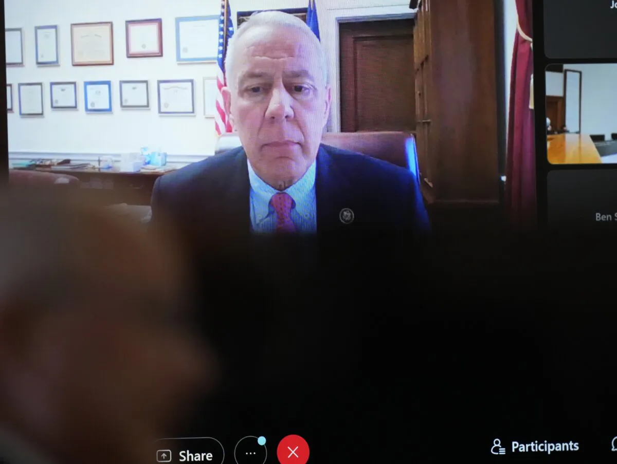 Rep. Ken Buck (R-Colo.) testifies by video during a hearing for a lawsuit to keep former President Donald Trump off the state ballot in Denver District Court in Denver on Nov. 2, 2023. (David Zalubowski/Pool via AP Photo)