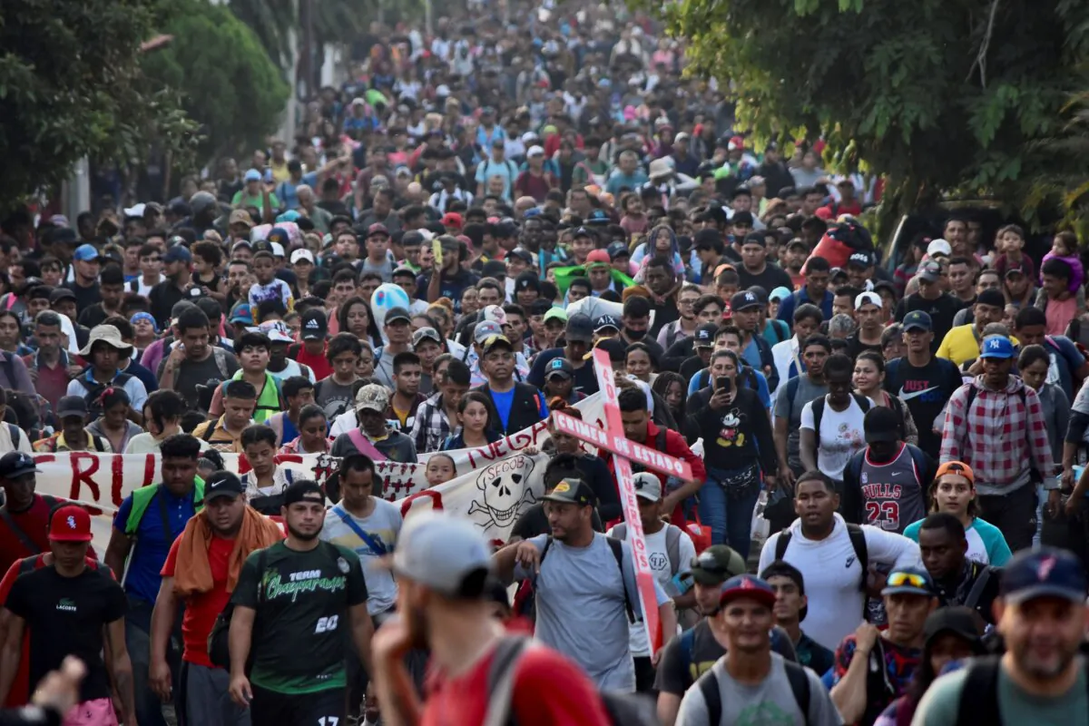 Migrants from Central and South America take part in a caravan attempting to reach the Mexico-US border, in Tapachula, Chiapas state, southern Mexico, on April 23, 2023. (Stringer/AFP via Getty Images)