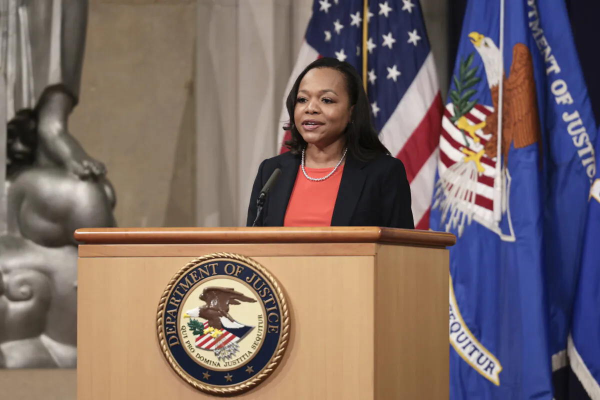 U.S. Assistant Attorney General for the Civil Rights Division Kristen Clarke speaks during an event at the Department of Justice in Washington on Oct. 22, 2021. (Anna Moneymaker/Getty Images)