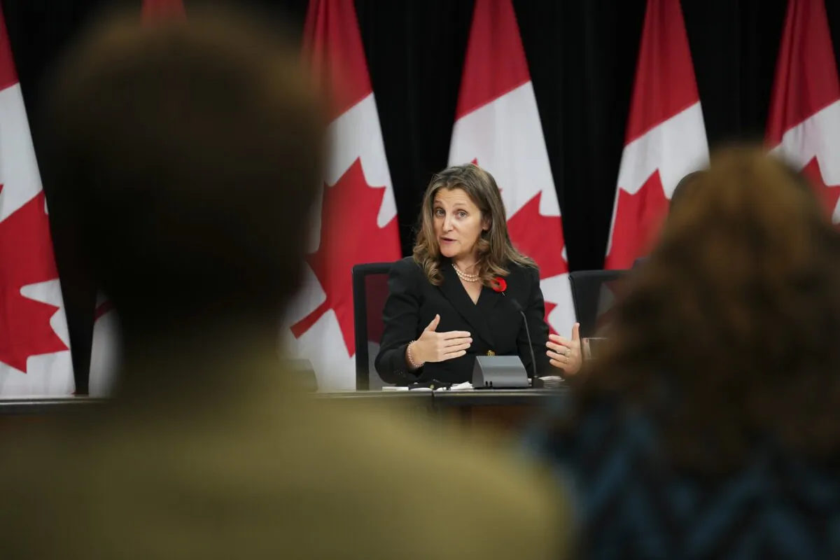 Finance Minister Chrystia Freeland holds a press conference in Ottawa, on Oct. 31, 2023. (The Canadian Press/Sean Kilpatrick)