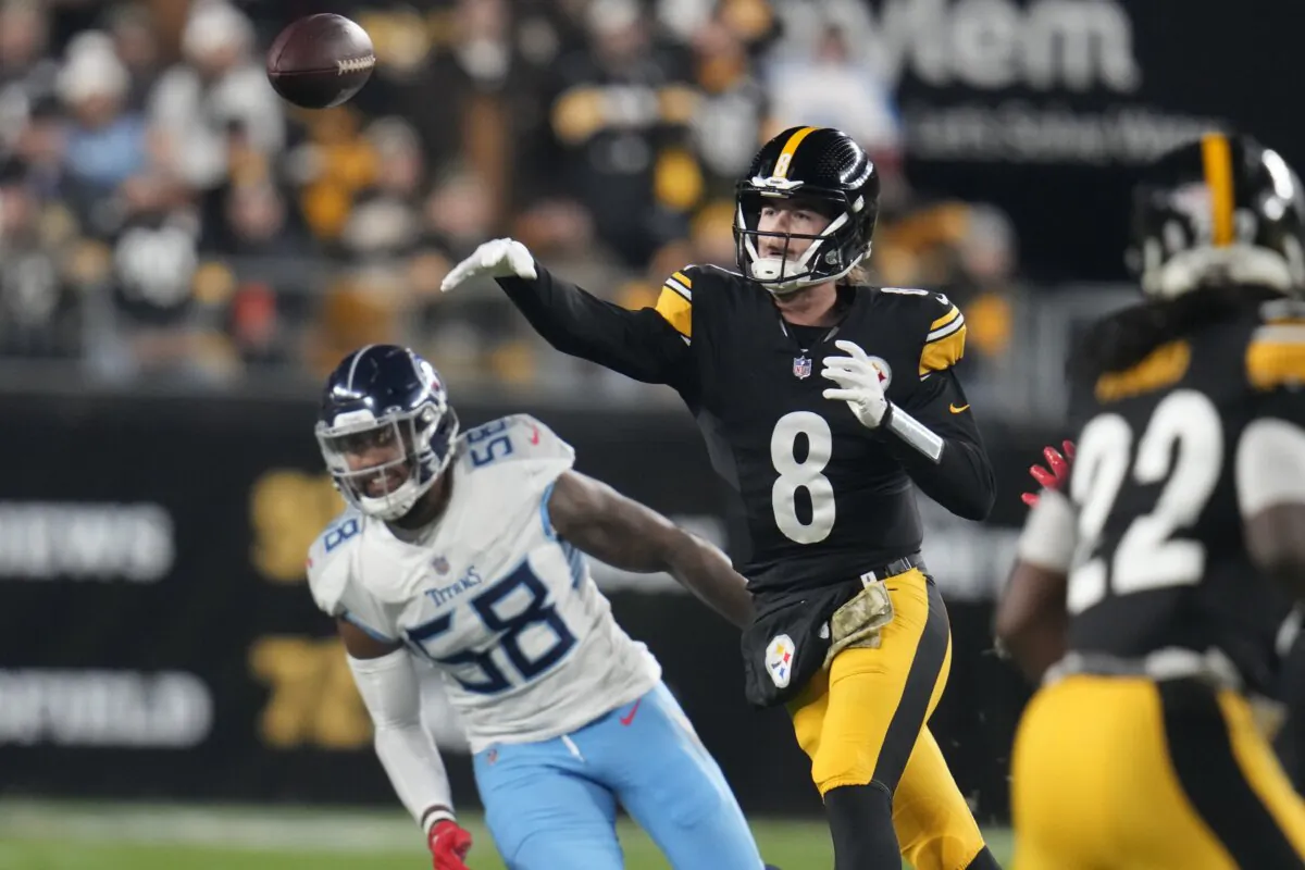 Pittsburgh Steelers quarterback Kenny Pickett (8) throws pass against the Tennessee Titans during the first half of an NFL football game in Pittsburgh on Nov. 2, 2023. (Gene J. Puskar/AP Photo)
