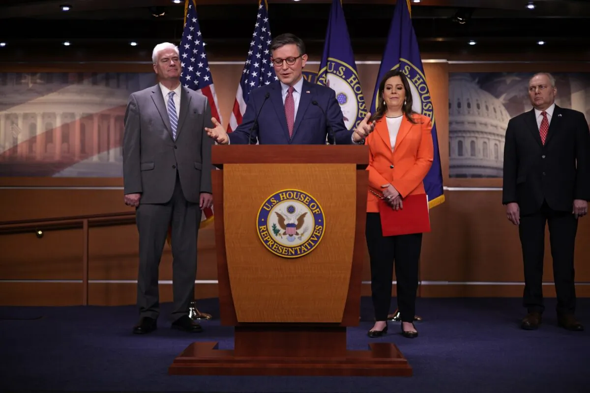 Speaker of the House Rep. Mike Johnson (R-La.) (2nd L) speaks as (L-R) House Majority Whip Rep. Tom Emmer (R-Minn.), House Republican Conference Chair Rep. Elise Stefanik (R-N.Y.) and House Majority Leader Rep. Steve Scalise (R-La.) listen during a news briefing at the U.S. Capitol in Washington on Nov. 2, 2023. (Alex Wong/Getty Images)