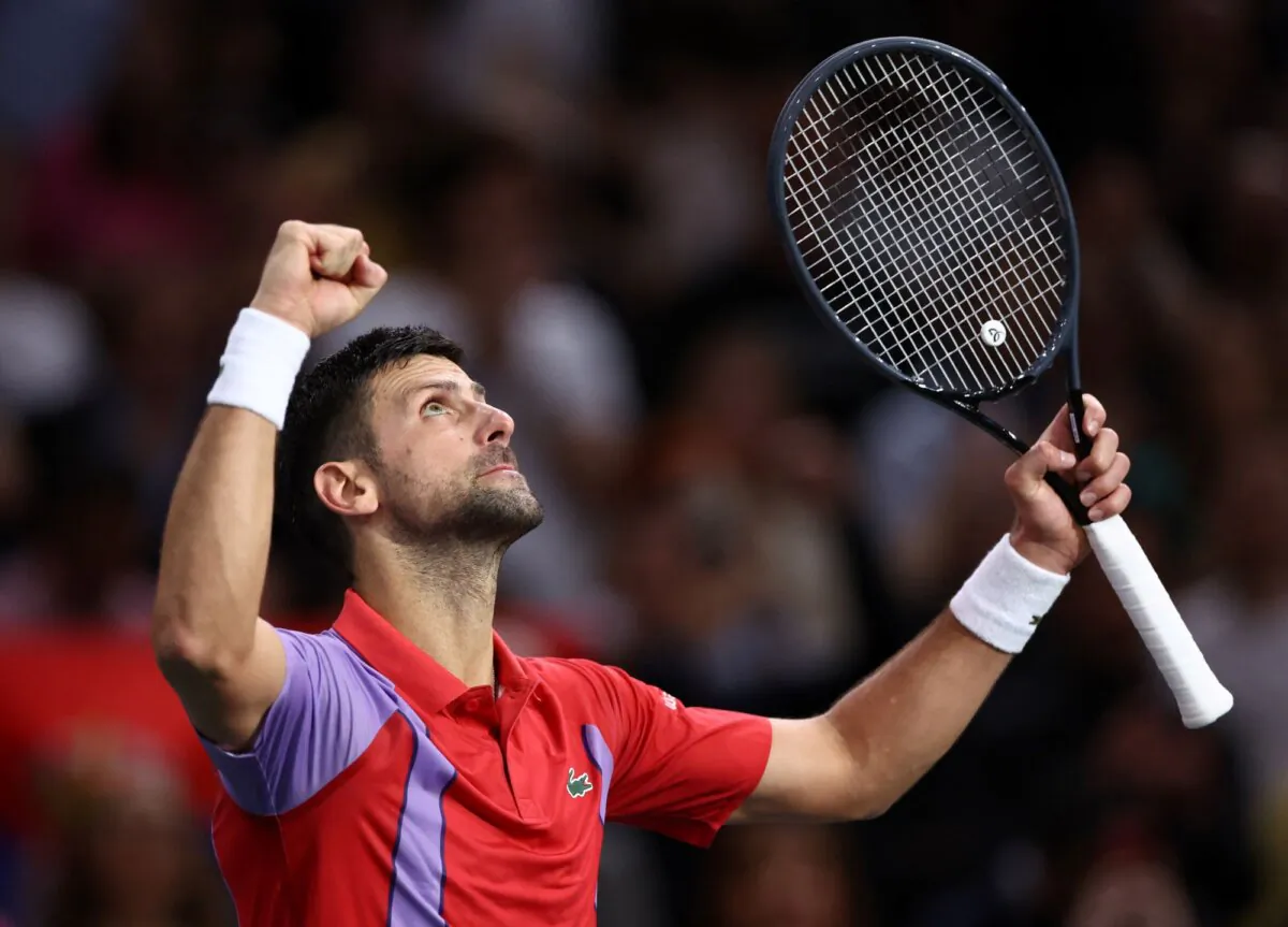 Serbia's Novak Djokovic celebrates after winning his round of 16 match against Netherlands' Tallon Griekspoor during the ATP Masters 1000–Paris Masters tennis match at AccorHotels Arena in Paris on Nov. 2, 2023. (Stephanie Lecocq/Reuters) 